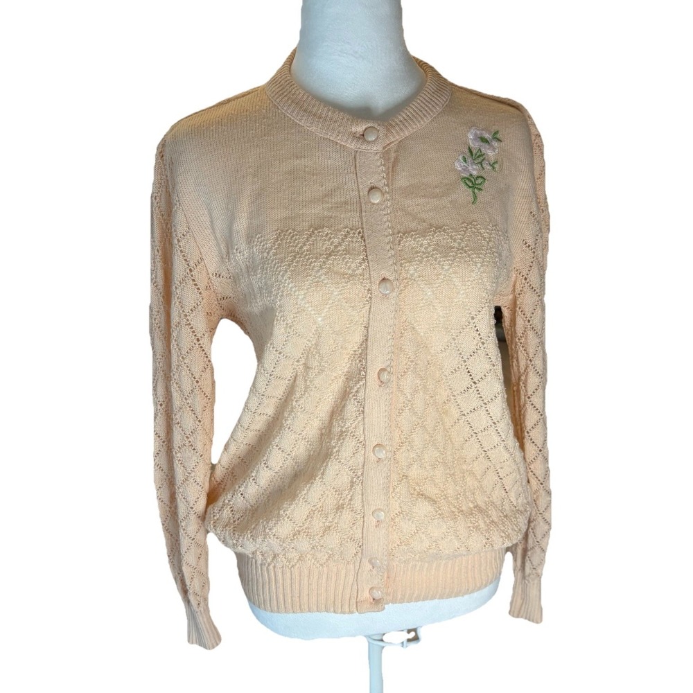 VTG Made In England  Cardigan Pink/Peach Knit  Floral Embroidered Med 70s 80s